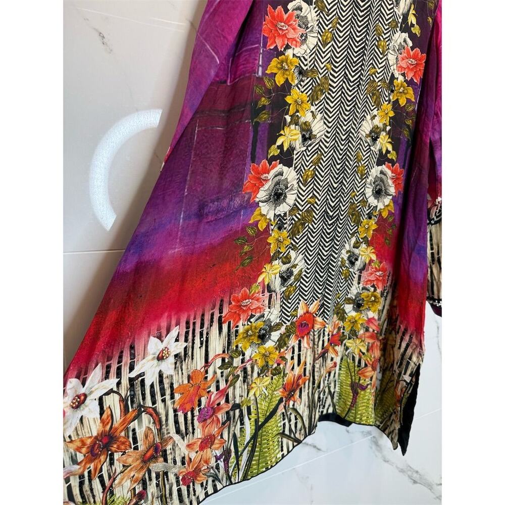 Art-to-wear Sapphire Floral Embroidered Beaded Tunic Dress Bell Sleeve Silk - Picture 4 of 16